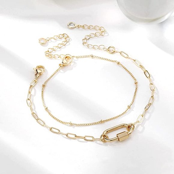 14K Gold Filled Adjustable Layered Bracelet Cute Evil Eye Oval Chain Pearl Bar